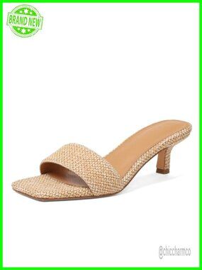 Ancomafio Women's Raffia Kitten Heel Sandals 2 Inch Square Open Toe Slip On